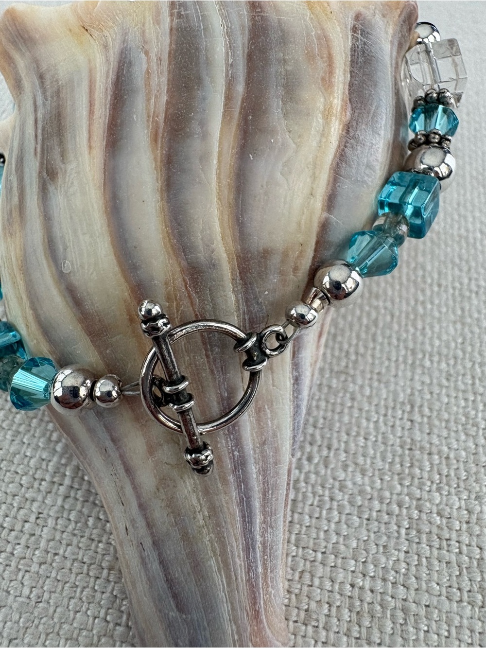 Caribbean Blue Color Beads, Sterling Silver, Bali Beads & Toggle Bracket. 7 Inch - Picture 3 of 4